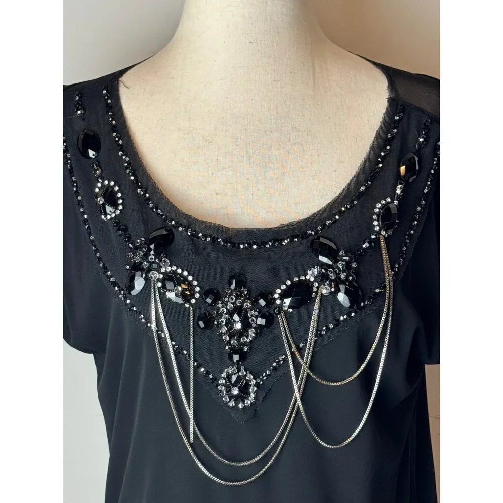 Alice + Olivia Black Beaded Jeweled Scoop‎ Neck Short Sleeve Mini Dress Size S